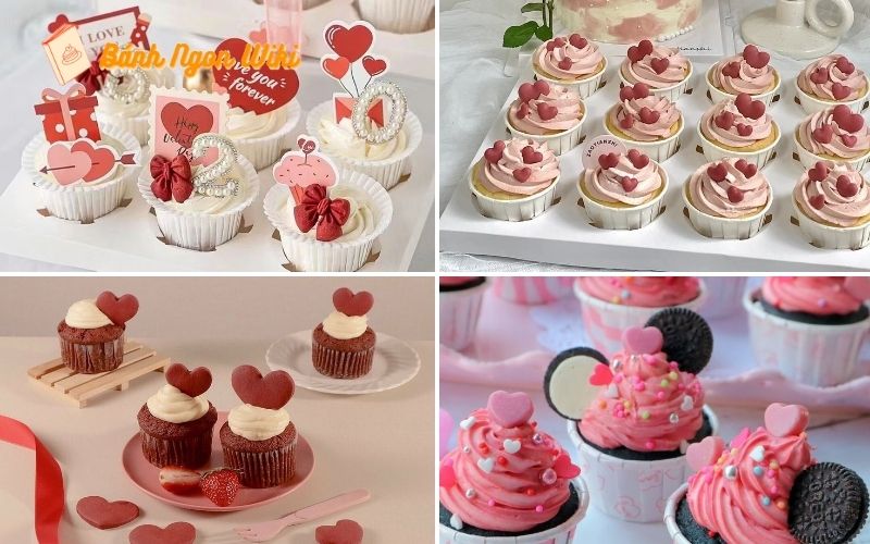 Bánh Valentine cupcake với trang trí lãng mạn, ngọt ngào