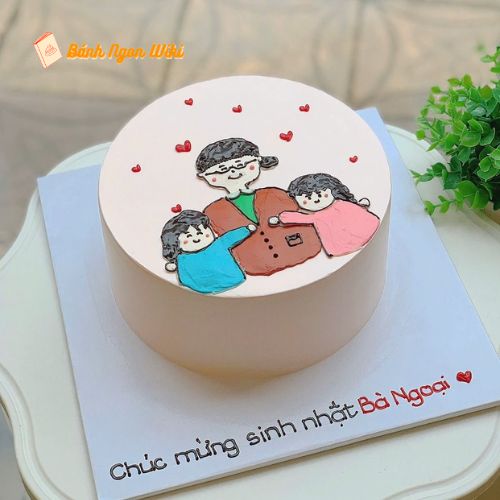 Mẫu bánh sinh nhật cute tặng bà ngoại vẽ hình bà cháu