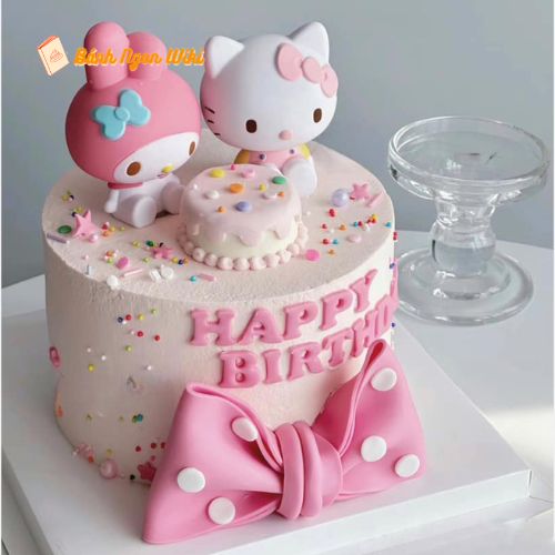 Một thiết kế bánh sinh nhật 8 tuổi dễ thương với hình Hello Kitty, trái tim và nơ hồng rực rỡ