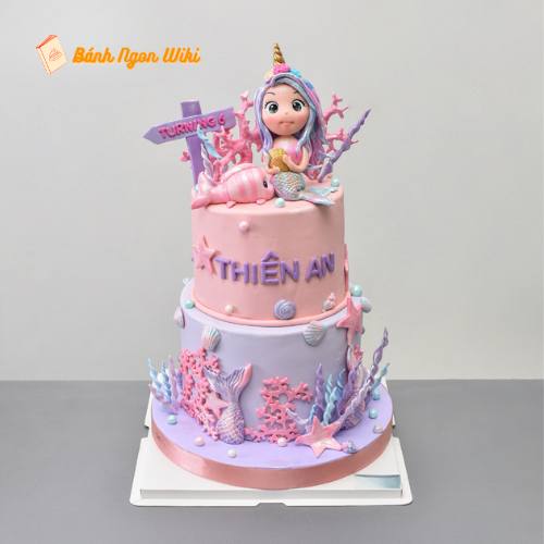 Mẫu bánh sinh nhật fondant 2 tầng hình nàng tiên cá tặng bé