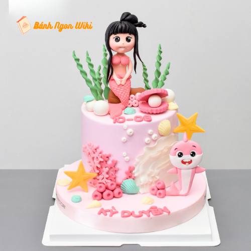 Mẫu bánh kem sinh nhật fondant màu hồng nàng tiên cá đẹp