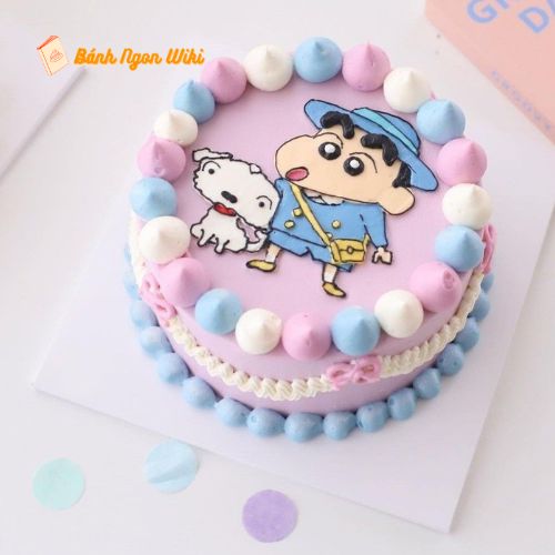 Bánh kem tone tím pastel xinh xắn vẽ hình 2D cu Shin và chú cún